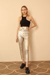 Leather Fabric Long Tigth Fit High Waist Belt Women'S Trouser - Silver