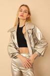 Leather Fabric Balloon Sleeve Belt Length Comfy Women Jacket - Silver