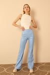 Leather Fabric Long Tigth Fit Flare Women'S Trouser - Blue