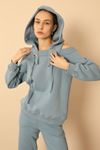 Third Knit With Wool İnside Fabric Hooded Hip Height Shoulder Detailed Women Sweatshirt - Light Blue
