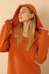 Third Knit With Wool İnside Fabric Hooded Hip Height Shoulder Detailed Women Sweatshirt - Cinnamon 