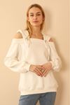 Third Knit With Wool İnside Fabric Hooded Hip Height Shoulder Detailed Women Sweatshirt - Ecru