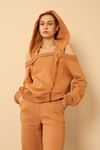 Third Knit With Wool İnside Fabric Hooded Hip Height Shoulder Detailed Women Sweatshirt - Light Brown