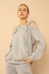 Third Knit With Wool İnside Fabric Hooded Hip Height Shoulder Detailed Women Sweatshirt - Grey