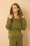 Third Knit With Wool İnside Fabric Hooded Hip Height Shoulder Detailed Women Sweatshirt - Khaki 