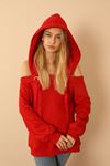 Third Knit With Wool İnside Fabric Hooded Hip Height Shoulder Detailed Women Sweatshirt - Red