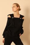 Third Knit With Wool İnside Fabric Hooded Hip Height Shoulder Detailed Women Sweatshirt - Black