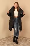 Quilted Fabric Long Sleeve Shawl Collar Long Wide Fastened Women Coat-Black