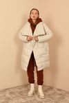 Quilted Fabric Long Sleeve Shawl Collar Long Wide Fastened Women Coat-Stone