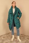 Quilted Fabric Long Sleeve Shawl Collar Long Wide Fastened Women Coat-Emerald Green