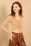Knit Fabric Long Sleeve V Neck Shirred Front Blouse - Beige 