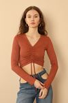 Knit Fabric Long Sleeve V Neck Shirred Front Blouse - Brick 