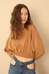 Dalgıç Kumaş Uzun Kollu Oversize/Salaş Beli Lastikli Kadın Bluz-Camel