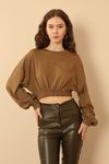 Submersible Fabric Oversize/Loose Elastic Waist Blouse - Brown