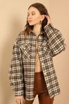 Lumberjack Fabric Long Sleeve Hip Height Oversize Striped Women'S Shirt - Mint