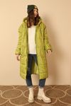 Kapitone Kumaş Uzun Kol  Oversize/Salaş Kadın Mont-YAĞ YEŞİLİ