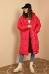 Kapitone Kumaş Uzun Kol  Oversize/Salaş Kadın Mont-Fuşya