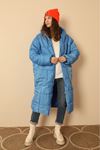Kapitone Kumaş Uzun Kol  Oversize/Salaş Kadın Mont-Mavi