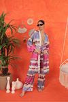 Saten Kumaş Batik Desen Kadın Kimono-Fuşya