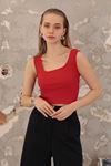 Kaşkorse Kumaş Askılı Kadın Crop-Kırmızı