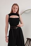 Camisole Fabric Crew Neck Open Front Women's Blouse-Black