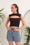 Camisole Fabric Crew Neck Open Front Women's Blouse-Brown