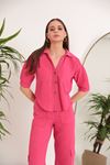 Keten Kumaş Crop Oversize Kadın Gömlek-Fuşya