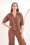 Keten Kumaş Crop Oversize Kadın Gömlek-Kahve