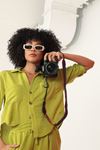 Keten Kumaş Crop Oversize Kadın Gömlek-YAĞ YEŞİLİ