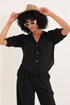 Keten Kumaş Crop Oversize Kadın Gömlek-Siyah