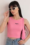 Triko Kumaş Angel Nakışlı Kadın Crop-Pembe