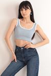 Kaşkorse Çizgili Kadın Crop-Mavi