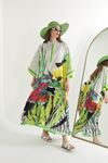 Büyük Çiçek Desen Oversize Kadın Viskon Elbise-Yeşil