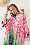 Etnik Desen Oversize Kadın Viskon Elbise-Fuşya