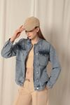 Denim Kumaş Sırtı Nakışlı Kadın Mavi Ceket 