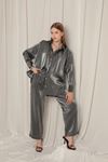 Shiny Fabric Women's Stripe Pattern Suit-Black