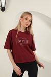 Stone Detailed Women's T-Shirt-Burgundy