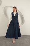 Denim Kumaş Yelekli Takım-Koyu Mavi