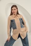 Poplin Fabric Denim Garnished Beige Women's Shirt