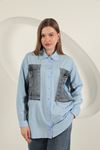 Poplin Fabric Denim Garnished Blue Women's Shirt