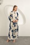 Viscose Fabric Leaf Pattern Dress-Navy Blue