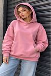 Üç İplik Kumaş Kapüşonlu Kanguru Cep Sweat-Gül Kurusu