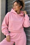 Üç İplik Kanguru Cep Kısa Kapüşonlu Crop Sweat-Pembe
