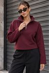 Üç İplik Kumaş Kadın Fermaurlı Sweat-Bordo